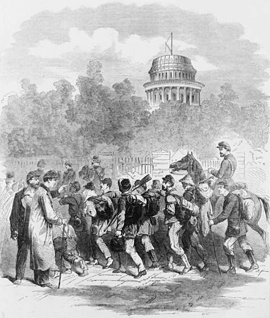 Convalescent Soldiers marching by U.S. Capitol with unfinished dome