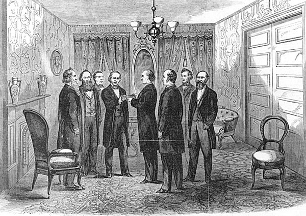 Andrew Johnson taking the oath of office in the Parlor of the Kirkwood House