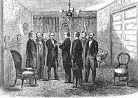 Andrew Johnson taking the oath of office in the Parlor of the Kirkwood House