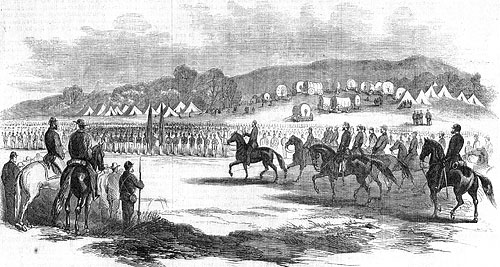 The war in the peninula- President Lincoln, attended by Gen. McClellan and staff, Reviewing the federal army